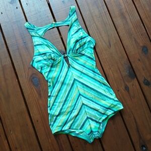 True Vintage 60's XS green stripe cutout fitted retro swim one piece swimsuit